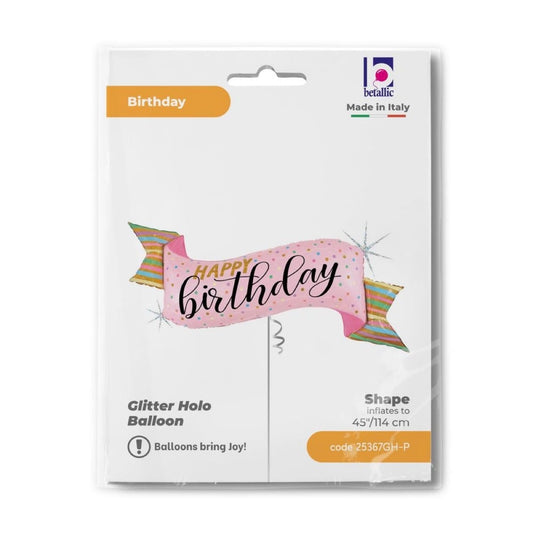 Ballon alu - Bannière Happy Birthday rose