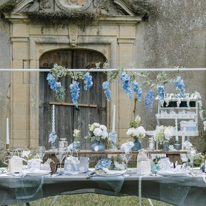 Chemin de table - Baptême Mousseline Bleu
