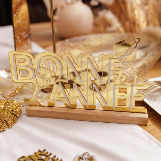 Déco "Bonne Année" Bubbles Party sur socle bois - Blanc et Or