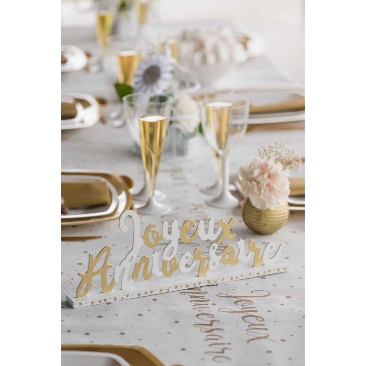 Centre de table Joyeux Anniversaire - Blanc or
