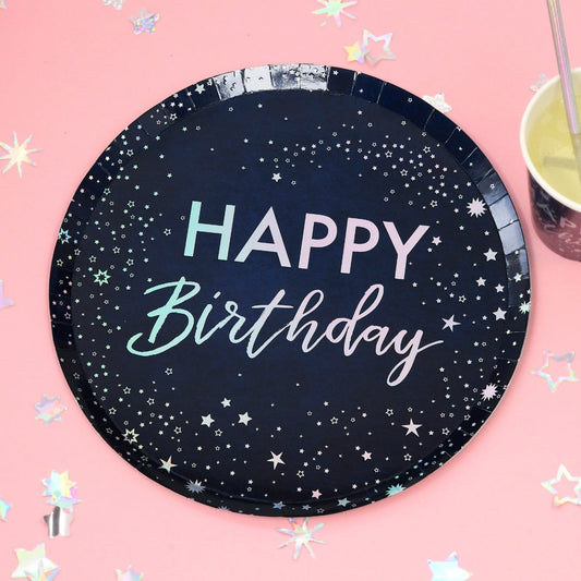 Assiettes "Happy Birthday" - Noir irisé (8pcs)