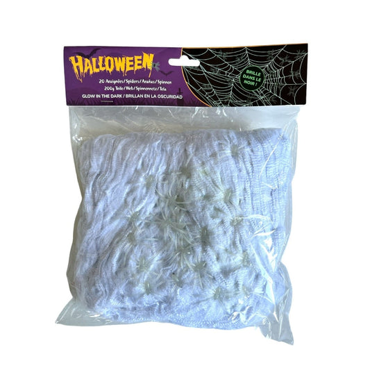Toile d'araignée blanche phosphorescente et 20 araignées