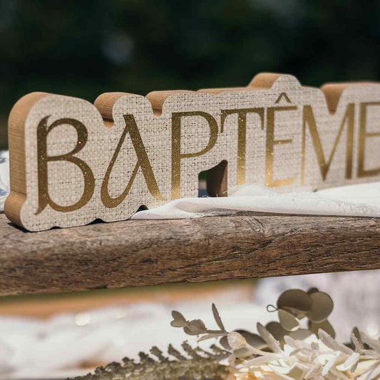Décoration Baptême en bois Effet Lin et Or (24x7cm)