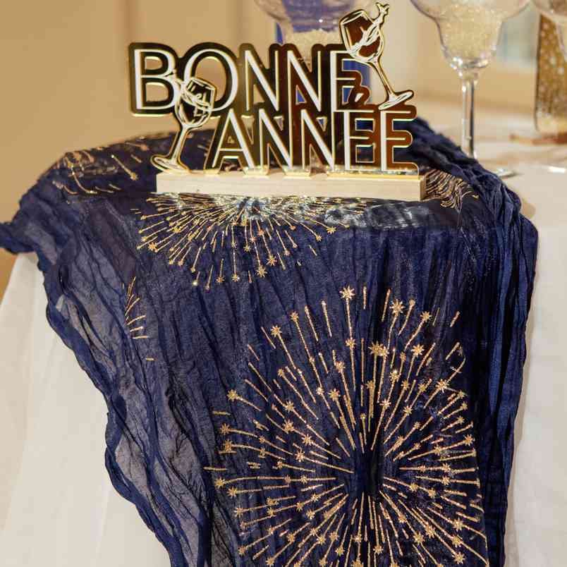 Déco "Bonne Année" Bubbles Party sur socle bois - Blanc et Or