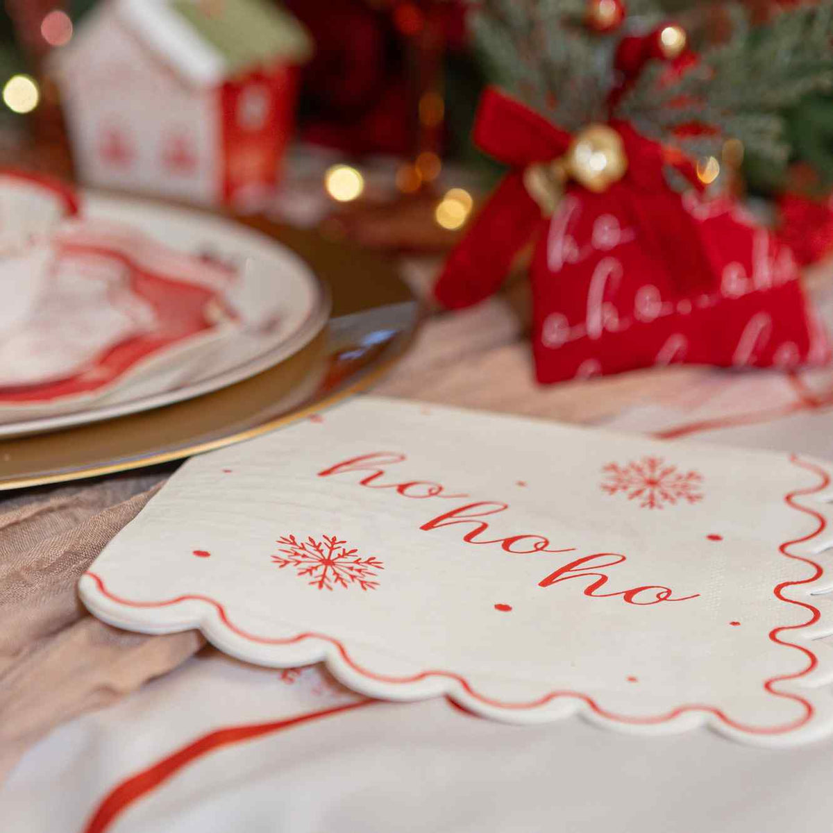 Serviettes Ho Ho Ho - Crème et Rouge (16pcs)