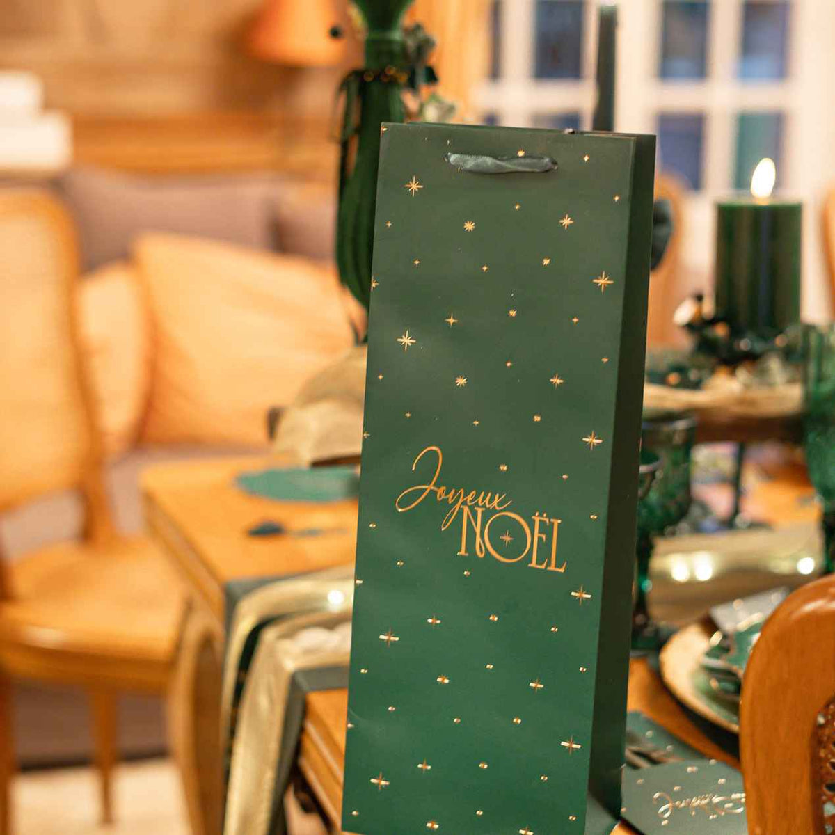 Sac pour bouteille "Joyeux Noël" - Vert et Or