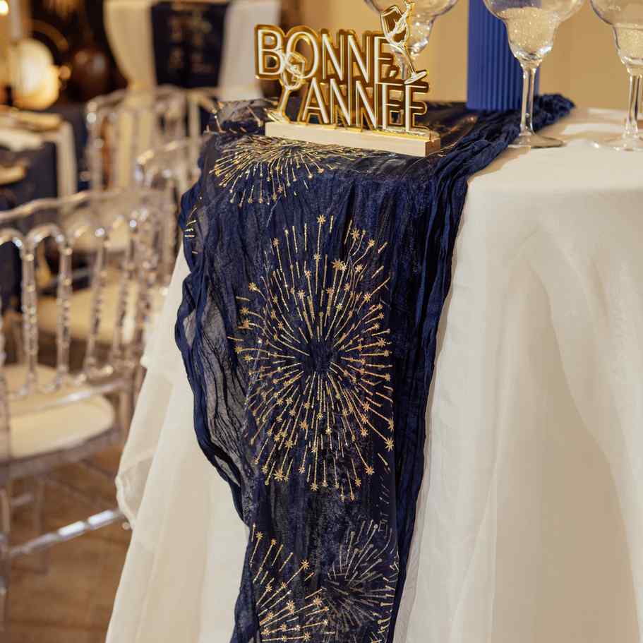 Déco "Bonne Année" Bubbles Party sur socle bois - Blanc et Or