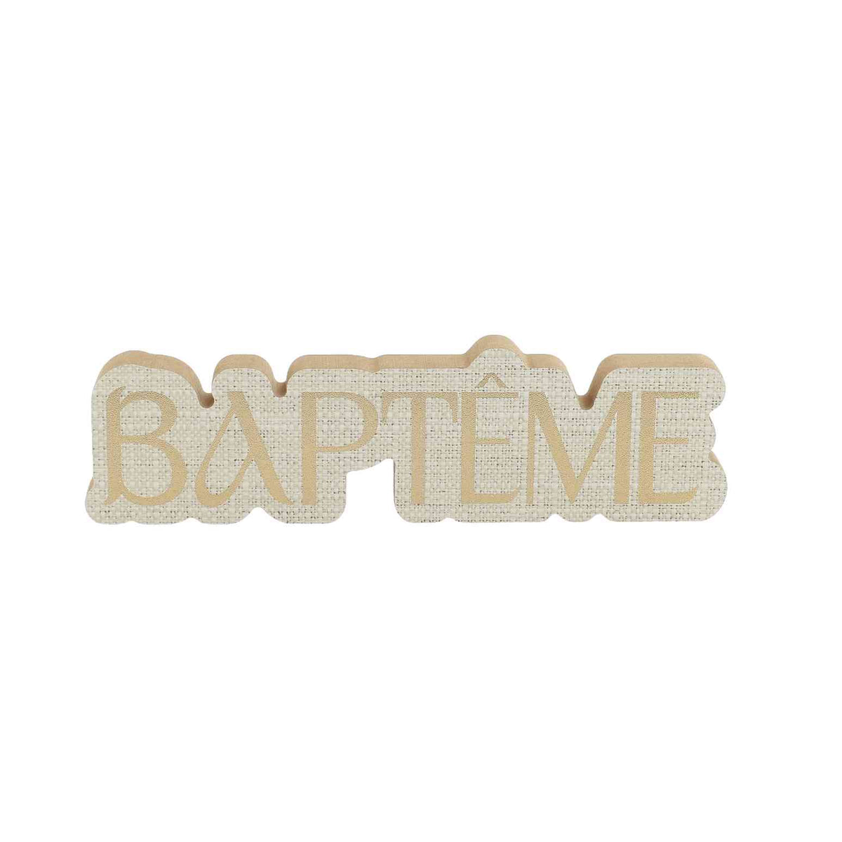 Décoration Baptême en bois Effet Lin et Or (24x7cm)