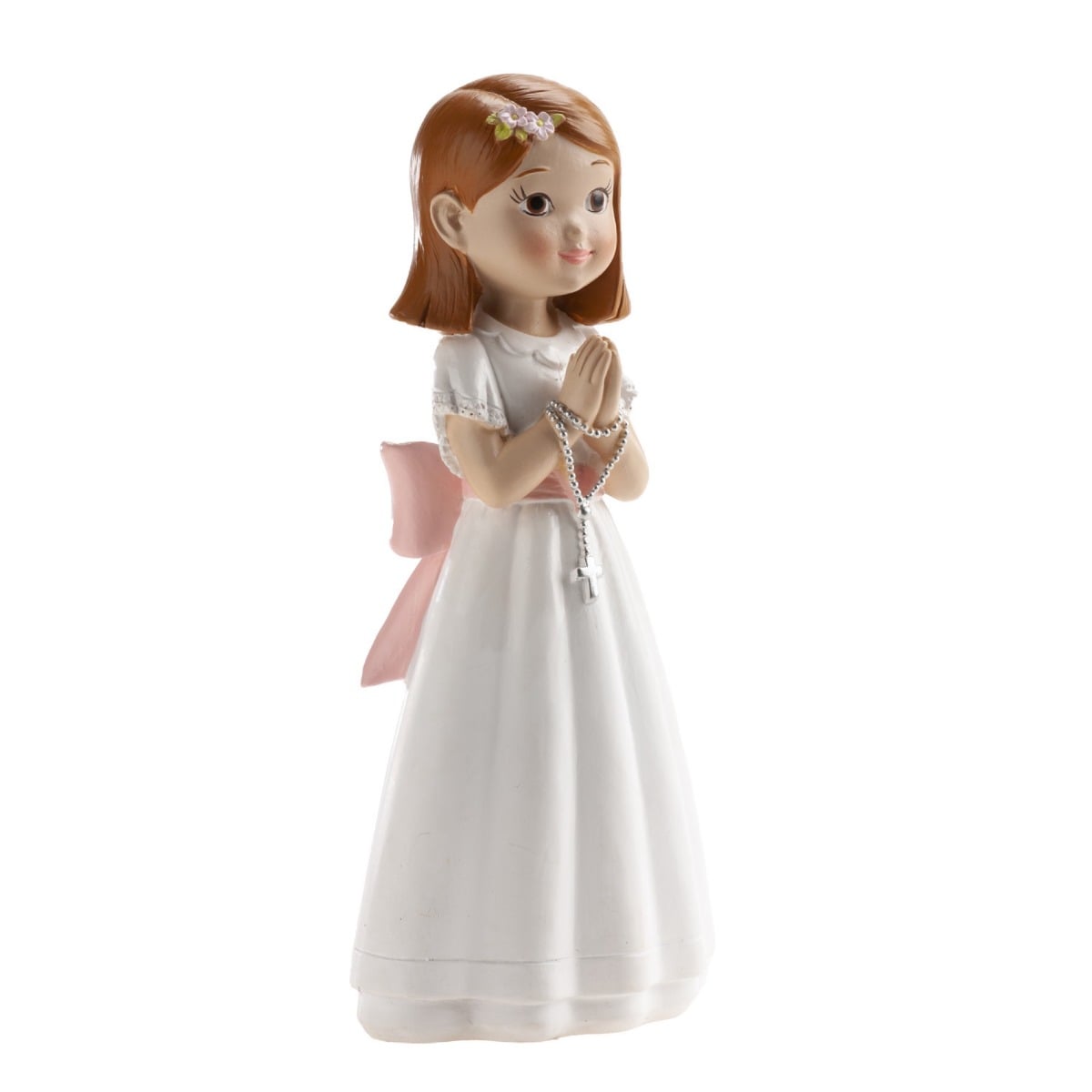 Figurine Communion - Fille noeud rose et chapelet