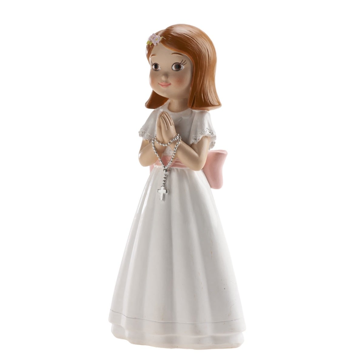 Figurine Communion - Fille noeud rose et chapelet