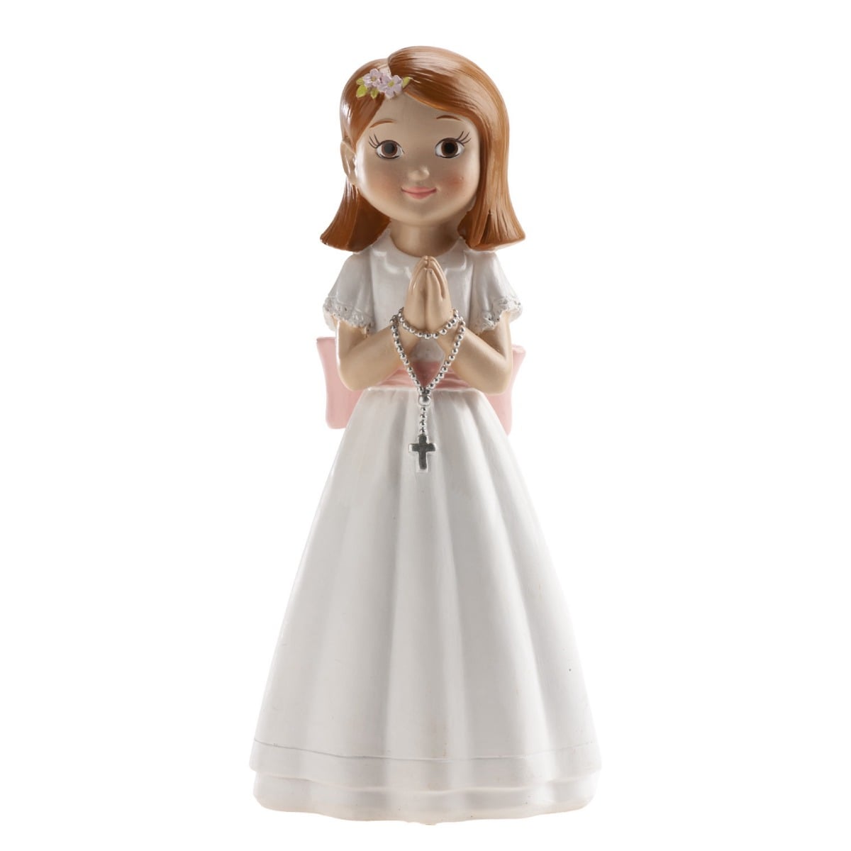 Figurine Communion - Fille noeud rose et chapelet