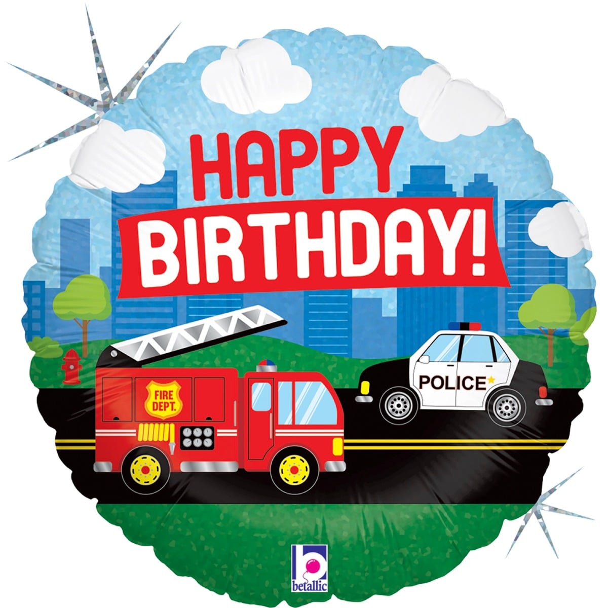Ballon alu - Happy Birthday Véhicules d'urgence