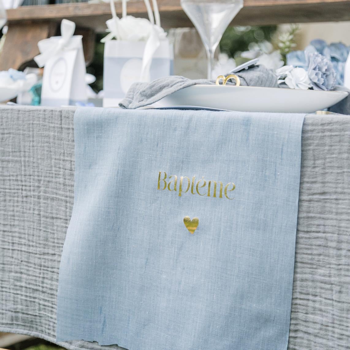 Chemin de table - Baptême Mousseline Bleu