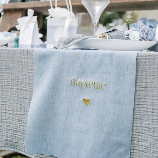 Chemin de table - Baptême Mousseline Bleu