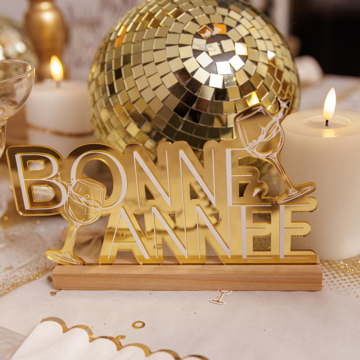 Déco "Bonne Année" Bubbles Party sur socle bois - Blanc et Or