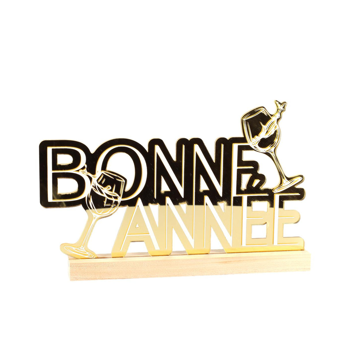 Déco "Bonne Année" Bubbles Party sur socle bois - Blanc et Or
