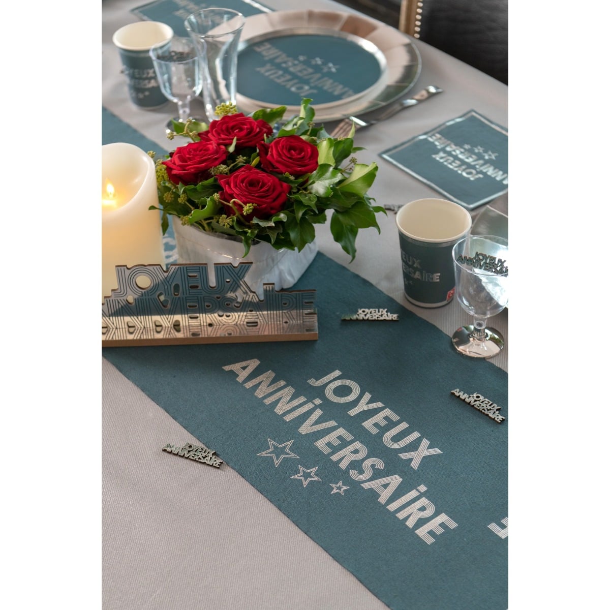 Chemin de table étoilé Joyeux Anniversaire - Bleu Canard