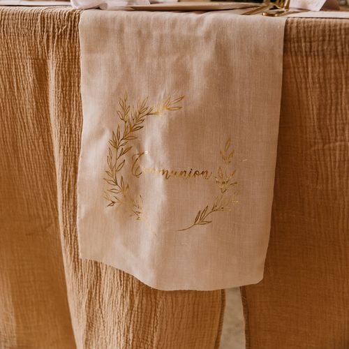 Chemin de table Communion avec Feuilles dorées