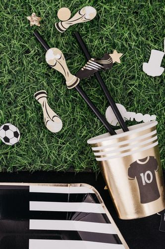 Pailles Football en papier or, blanc et noir (12 pièces)