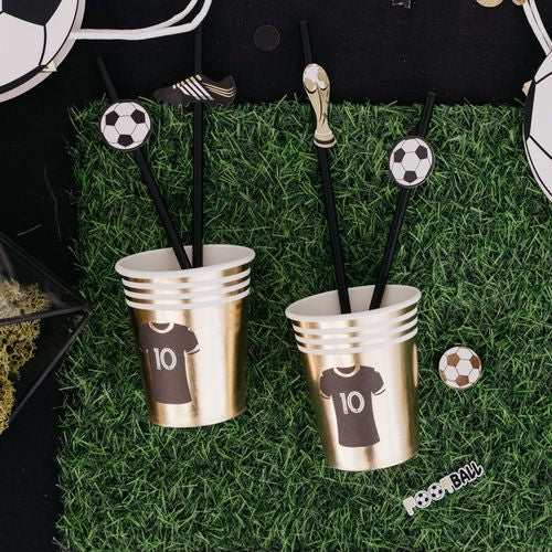 Pailles Football en papier or, blanc et noir (12 pièces)