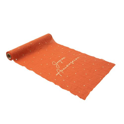 Chemin de table Joyeux Anniversaire mousseline terracotta et pois or (28 cm x 5 m)