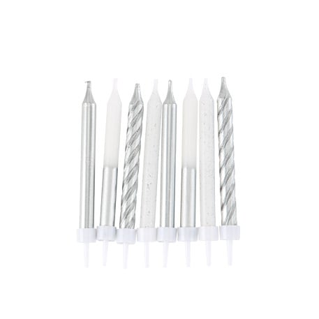 8 Bougies Fantaisies Argent et Paillettes 7,8cm