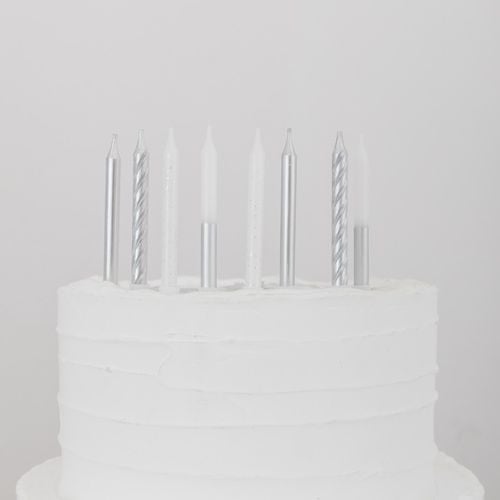 8 Bougies Fantaisies Argent et Paillettes 7,8cm