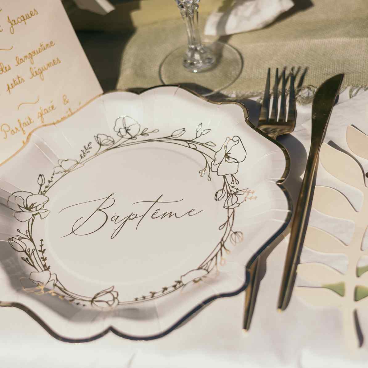 Assiettes Baptême - Feuilles dorées