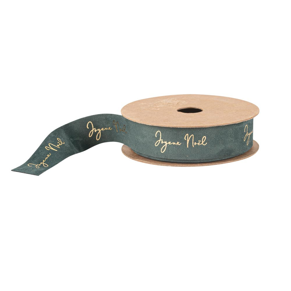 Ruban "Joyeux Noël" Velours Vert et Or (1,8cm x 3m)
