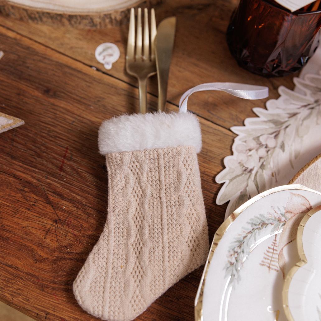 Chaussette en maille et fausse fourrure - Beige et Blanc (14x9,5cm)