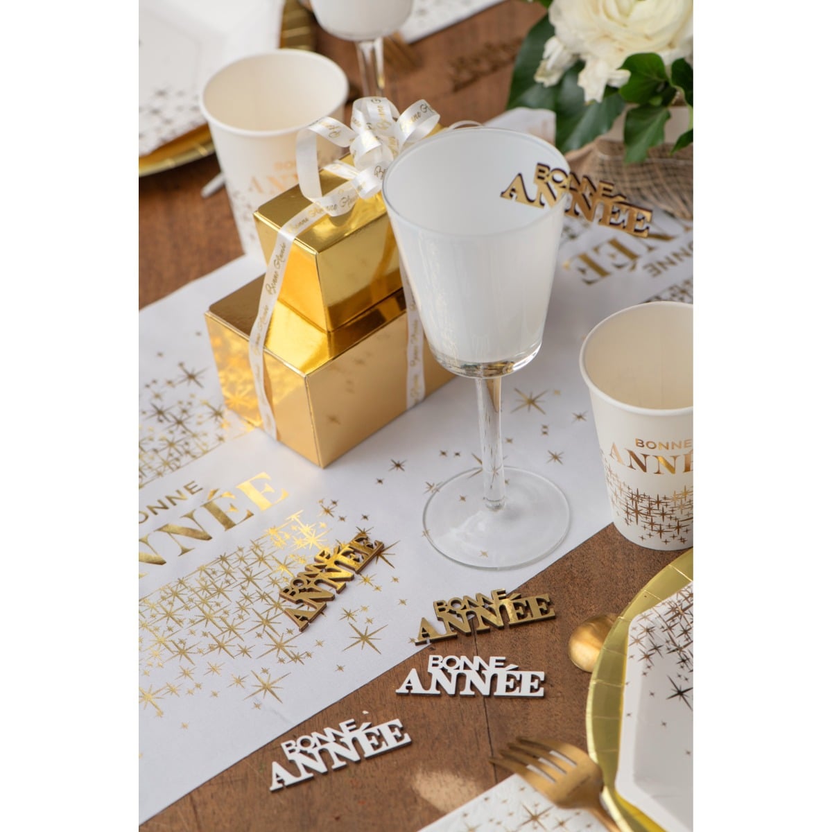 Confettis en bois - "Bonne Année" Blanc et Or