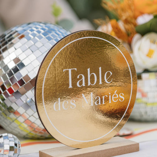 Centre de Table "Table des Mariés" Bois Or Ø12,5cm sur Socle