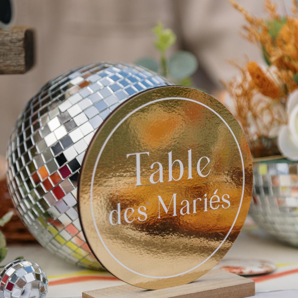 Centre de Table "Table des Mariés" Bois Or Ø12,5cm sur Socle