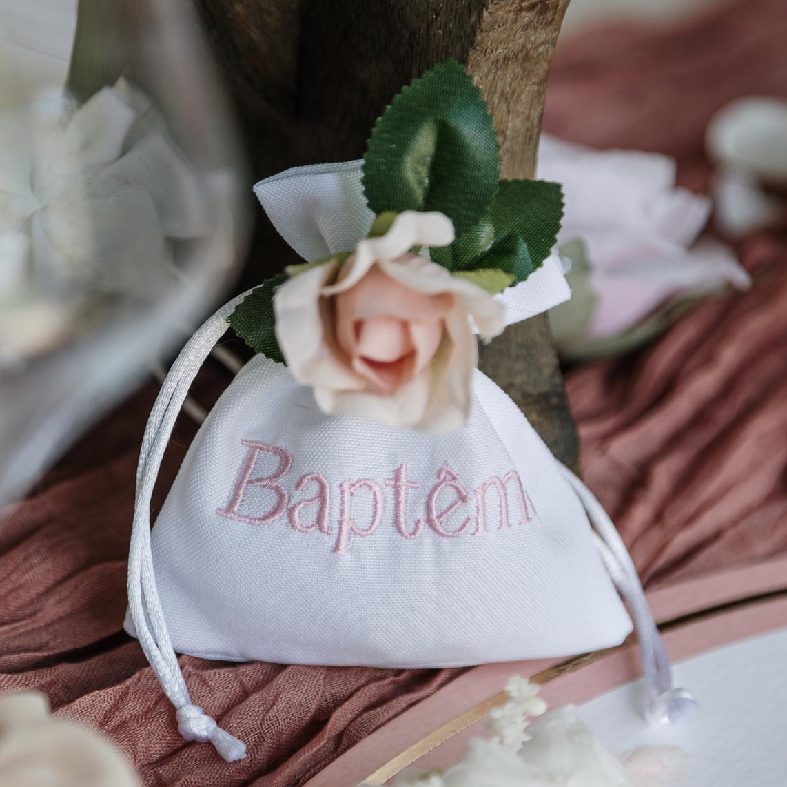 4 Pochons Tissu blanc "Baptême" rose