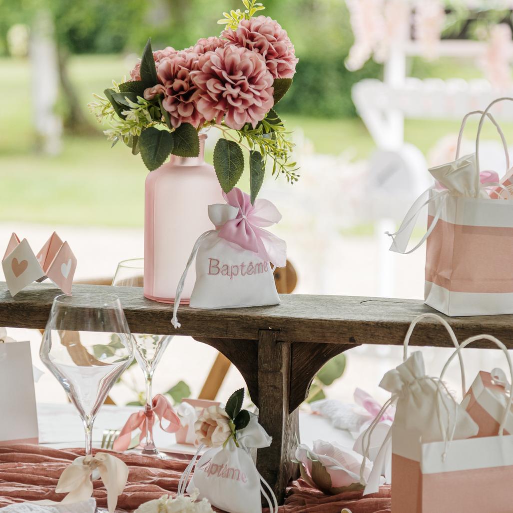 4 Pochons Tissu blanc "Baptême" rose