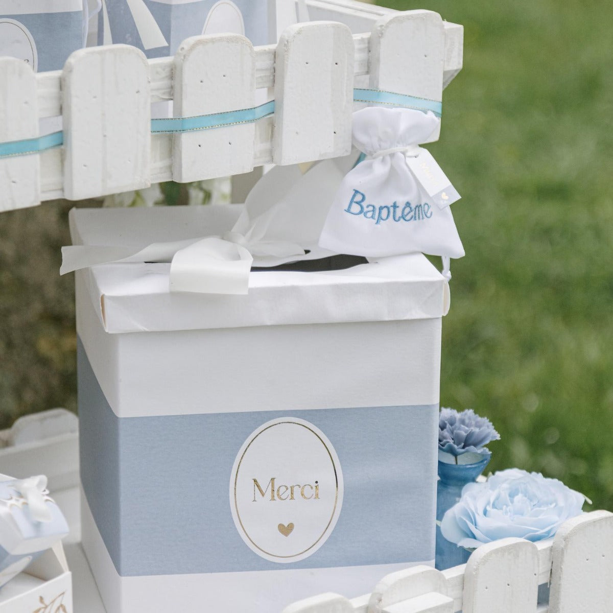 4 Pochons Tissu blanc "Baptême" bleu