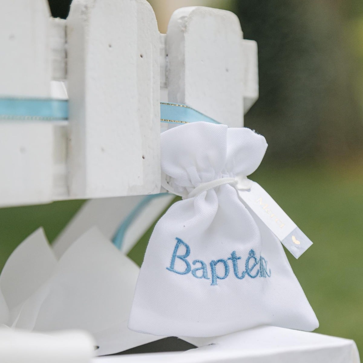 4 Pochons Tissu blanc "Baptême" bleu