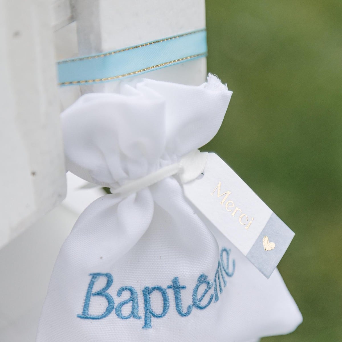 4 Pochons Tissu blanc "Baptême" bleu