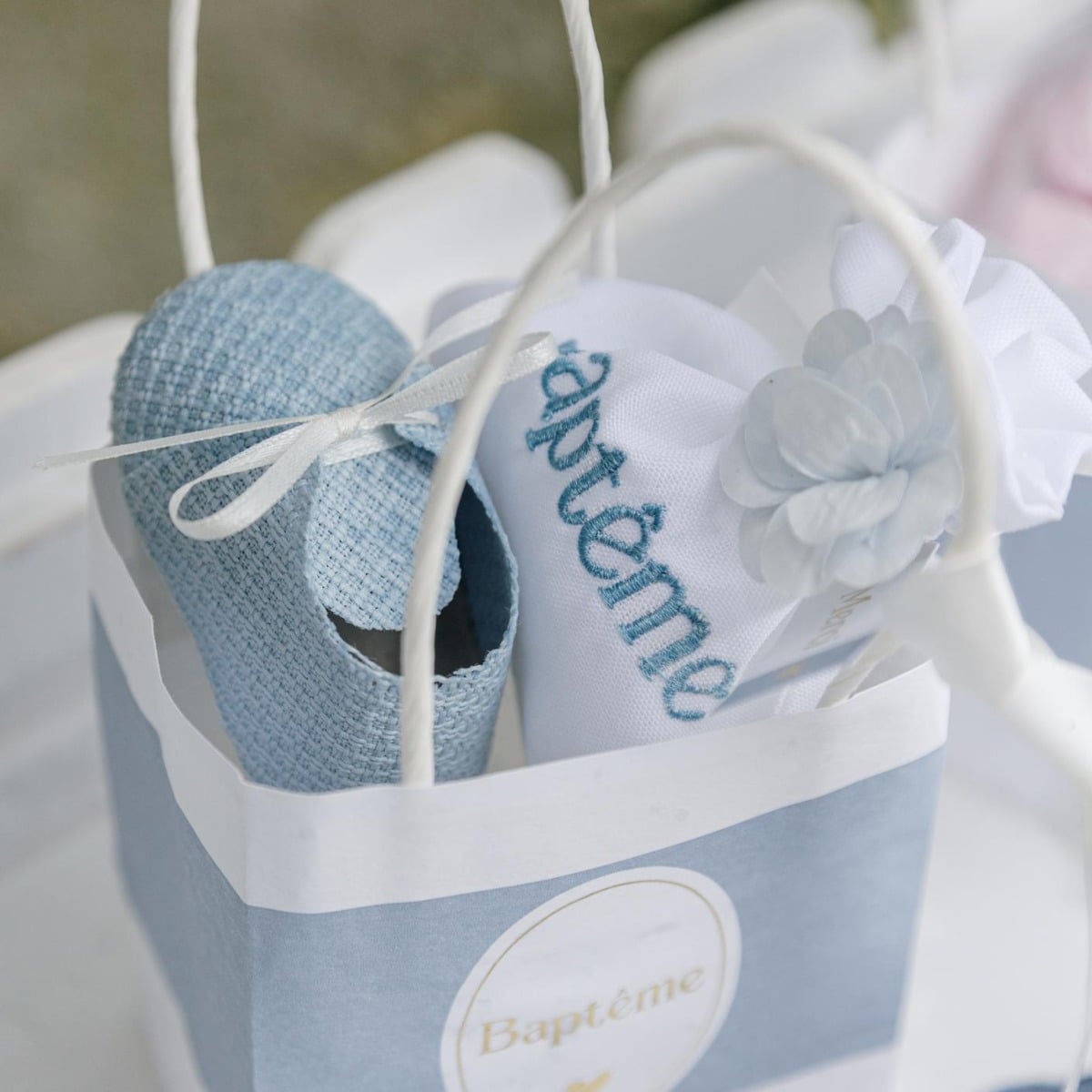 4 Pochons Tissu blanc "Baptême" bleu