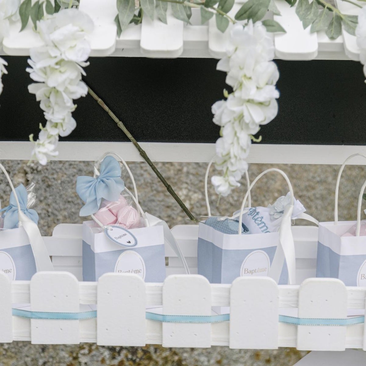 4 Pochons Tissu blanc "Baptême" bleu