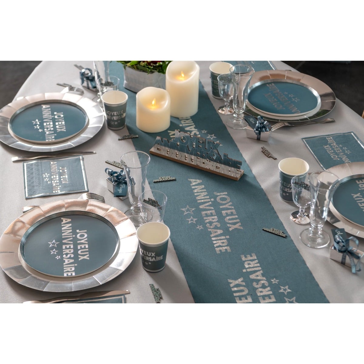 Chemin de table étoilé Joyeux Anniversaire - Bleu Canard