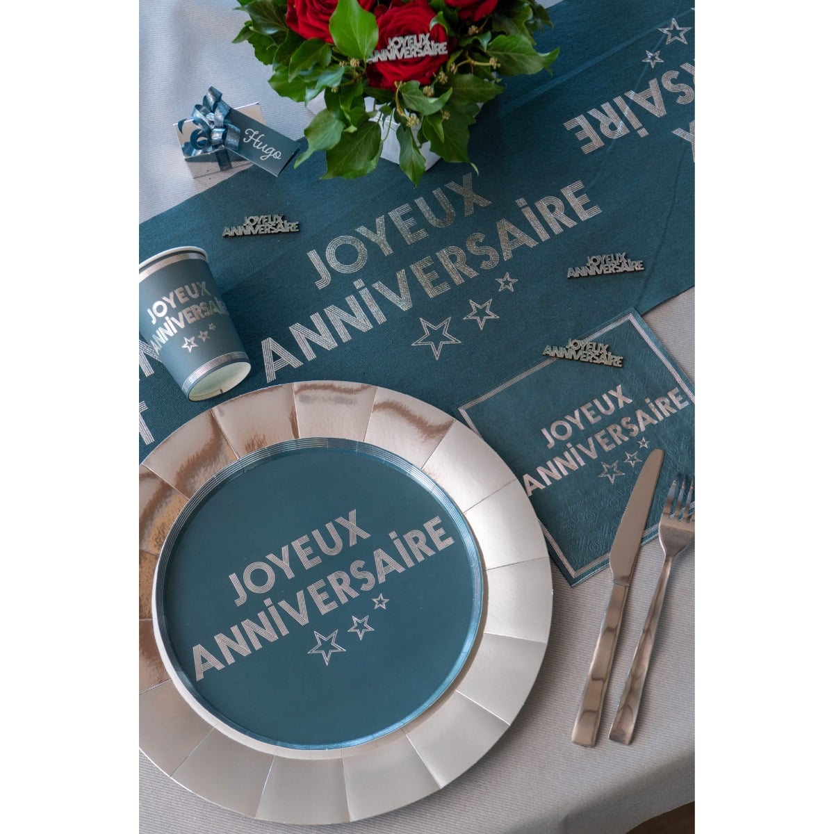 Chemin de table étoilé Joyeux Anniversaire - Bleu Canard