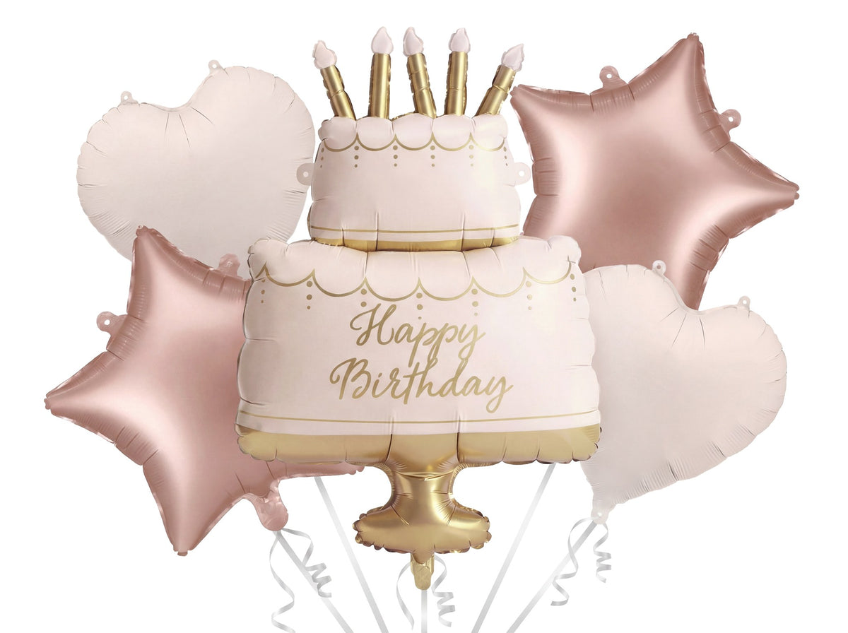 Set de ballons alu - Gâteau pastel Happy Birthday (5pcs)