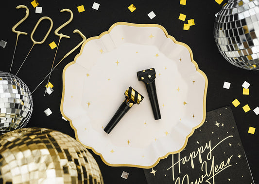 Langues de belle-mère en papier noir et or (28 cm, 6 pièces)