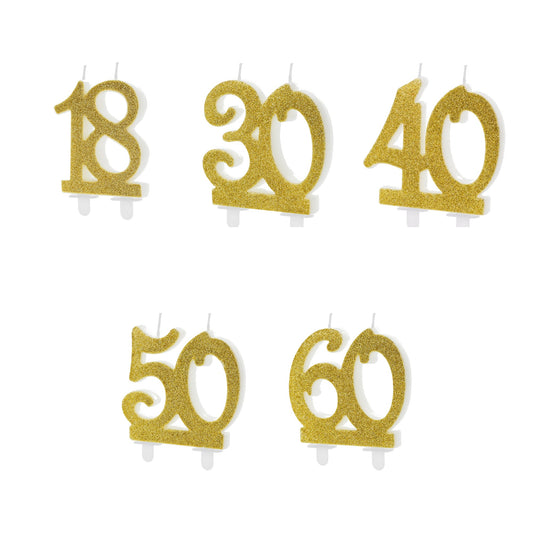 Bougies chiffres or pailletées 18, 30, 40, 50 et 60 (7.5cm)