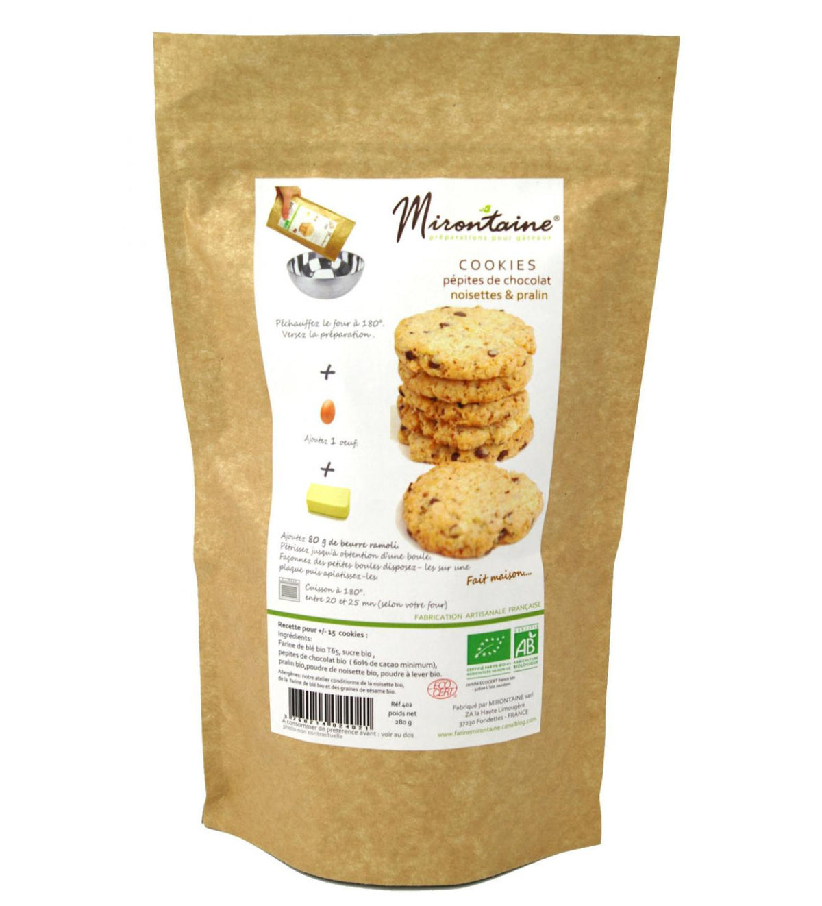 Mirontaine Préparation bio pour cookies pépites de chocolat et noisettes (280g)
