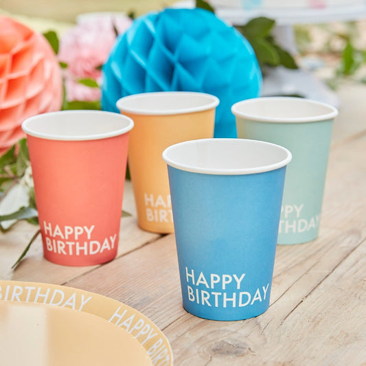 Gobelets "Happy Birthday" - Multicolore pastel (8pcs)