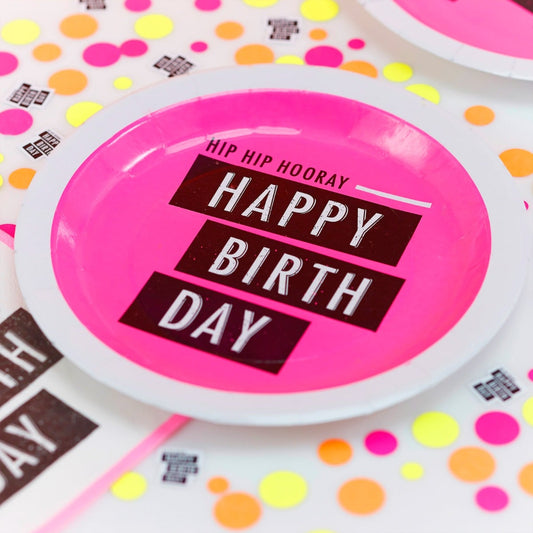 Assiettes "Happy Birthday" - Rose Fluo (8pcs)
