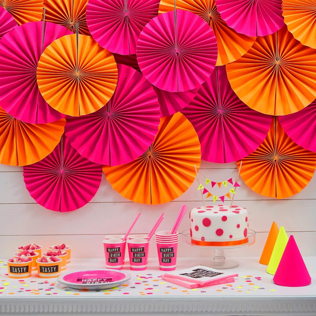 Assiettes "Happy Birthday" - Rose Fluo (8pcs)