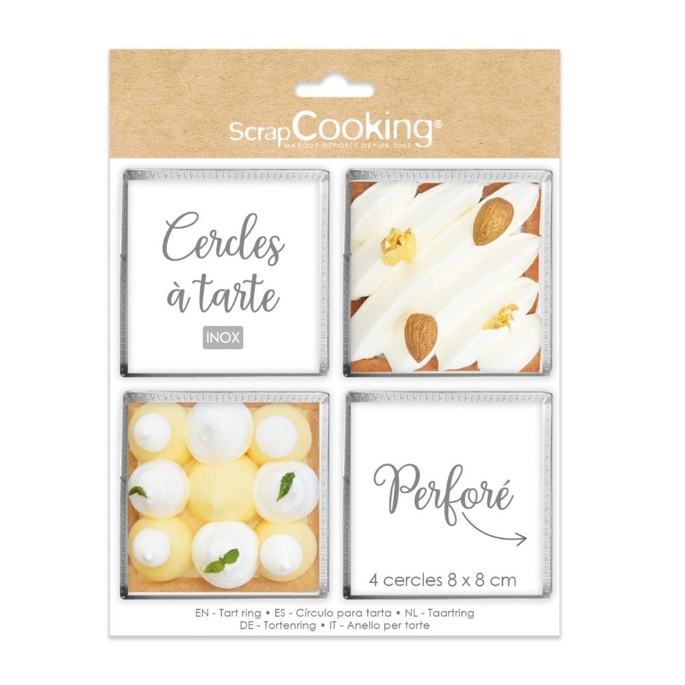 4 Cercles à tarte individuels perforés Carré 8cm